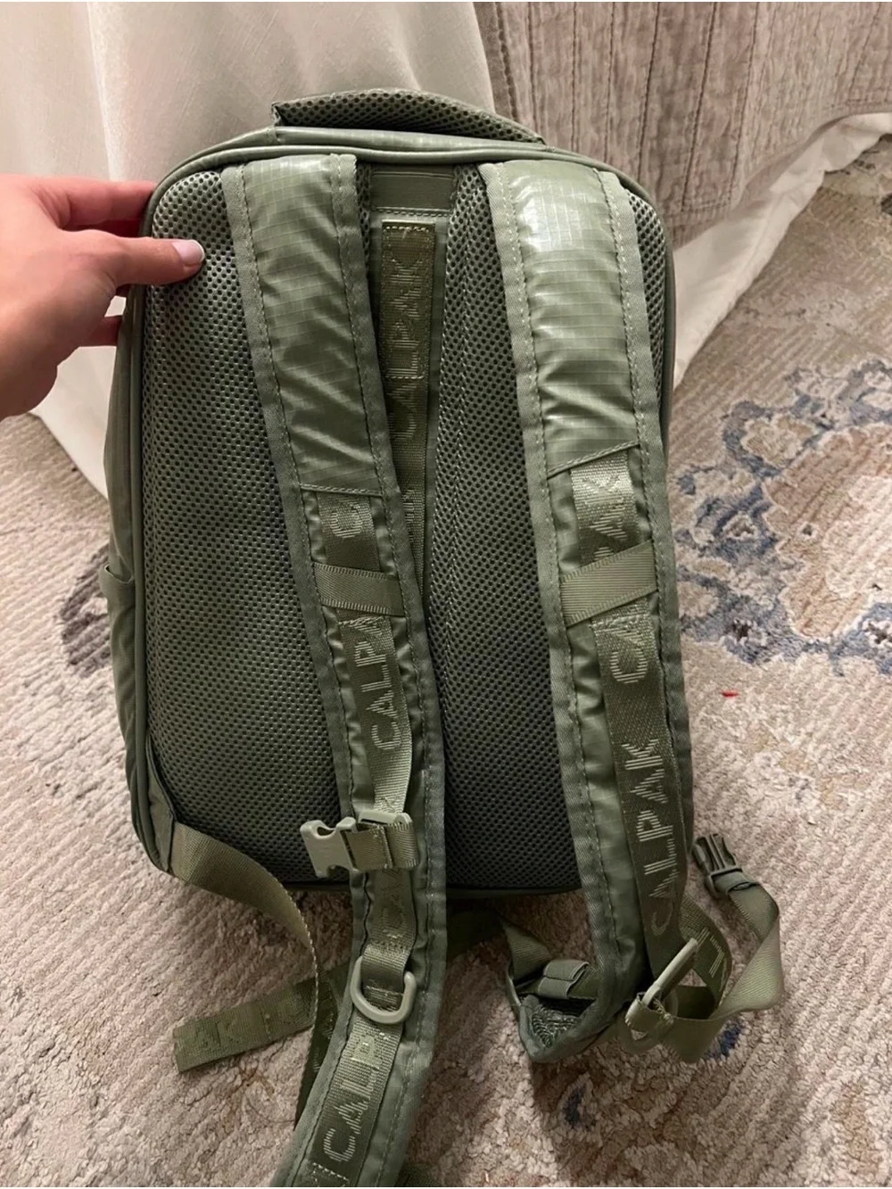 Calpak Olive Green Compact Travel Backpack for Men